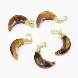 Тигровый глаз Природных тигровый глаз подвески, с длинными латунными накладками, граненые, луна, золотые, 18~20x11~12.5x5 мм, отверстие : 3.5x5.5 мм