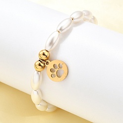 Золотой 304 плоские круглые браслеты из нержавеющей стали с отпечатками лап для женщин, с пластиковыми бусинами из искусственного жемчуга, ионное покрытие (ip), золотые, 6-7/8 дюйм (17.5 см)