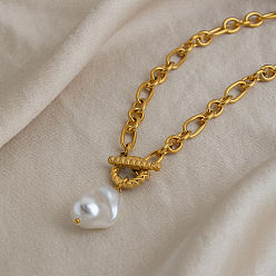Real 18K Gold Plated Imitation Baroque Keshi Pearl Teardrop Pendant 304 Stainless Steel Figaro Chain Necklaces with OT Clasps for Women, White, Real 18K Gold Plated, 17.52 inch(44.5cm)