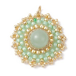 Зеленый Авантюрин Плоские круглые подвески из натурального зеленого авантюрина, плетенные подвески из японского бисера ручной работы, 27.5~28x25~25.5x8.5 мм, отверстие : 3.5 мм