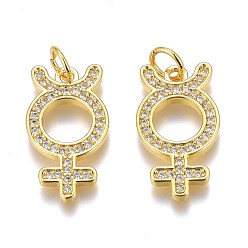 Gemischte Farbe Messing micro pave klare zirkonia anhänger, langlebig überzogen, mit Ringe springen, weibliche Geschlecht Zeichen, Gemischte Farbe, 19x10.5x2 mm, Bohrung: 3 mm