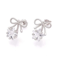 Платина 925 серьги-гвоздики из стерлингового серебра с микропаве из прозрачных кубических цирконий в форме банта и звезд, с натуральной жемчужиной, платина, 13.5~14x11.5~12 мм