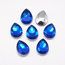 Синий Акриловый горный хрусталь обратил назад кабошоны, граненые, Дно посеребренные, слеза, синие, 18x13x4.5~4.8 мм