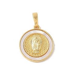 Настоящее золото 18K Подвески из латуни с натуральными белыми ракушками, религия дева мария прелести, долговечный, без свинца и без кадмия, стойки покрытие, реальный 18 k позолоченный, 18x16x2.5 мм, отверстие : 3.5x6 мм