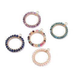 Смешанные камни Подвески из медной проволоки с натуральным драгоценным камнем, подвеска из бисера, золотой свет, смешанные окрашенные и неокрашенные, 44x38x4.5 мм, отверстие : 4 мм