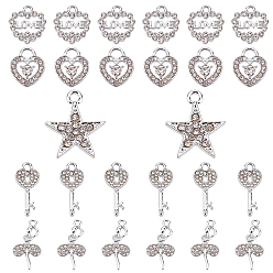 Platinum 40Pcs 5 Style Alloy Pendants, with Crystal Rhinestone, Mixed Shapes, Platinum, 8pcs/style
