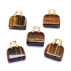 Тигровый глаз Натуральные тигровые глазные латунные подвески, золотые, пакет, 27~29x24~26x9~13 мм, отверстие : 6 мм