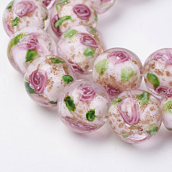 Pink Handmade Gold Sand Lampwork Beads Strands, Inner Flower, Round, Pink, 12.5~13.5mm, Hole: 1.5mm, about 28pcs/strand, 14.88 inch(37.8cm)