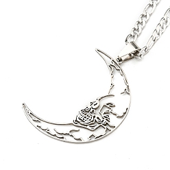 Stainless Steel Color Non-Tarnish 304 Stainless Steel Pendant Necklaces, Curb Chain, Moon, Stainless Steel Color, 19.80 inch(50.3cm)