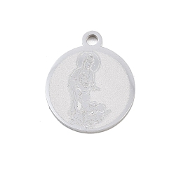 Color de Acero Inoxidable Colgantes budistas 304 de acero inoxidable, Redonda y plana con amuletos de Guanyin, pulido a mano, color acero inoxidable, 17x15x1.4 mm, agujero: 1.8 mm