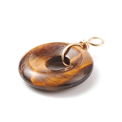 Mixed Stone Natural Mixed Stone Pendants, with Real 18K Gold Plated Eco-Friendly Copper Wire Wrapped, Donut/Pi Disc, 23.5~25x17.5~18x5mm, Hole: 3mm