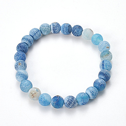 Cornflower Blue Natural Weathered Agate Beaded Stretch Bracelets, Frosted, Dyed, Round, Cornflower Blue, 2-1/8 inch(55mm)