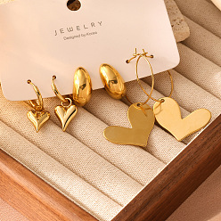 Настоящее золото 18K 3 пары сердечек 304 наборы серег из нержавеющей стали для женщин, реальный 18 k позолоченный, 48x3мм и 19x9.8мм и 30x11мм