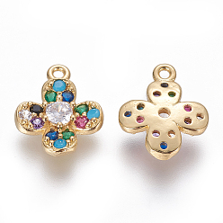 Разноцветный Латунные микро проложить кубического циркония прелести, цветок, золотые, красочный, 11.5x9.5x2.5 мм, отверстие : 1 мм