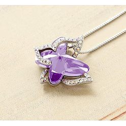 Средняя Орхидея Бабочка латунный паве стеклянный камень ожерелья с подвеской, платина, средне орхидеи, 17.72 дюйм (45 см)