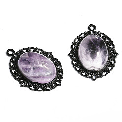 Amethyst Natural Amethyst Pendants, Black Metal Oval Charms, 40x30x7mm
