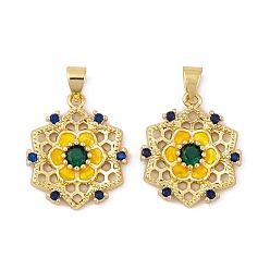 Gold Brass Micro Pave Cubic Zirconia Pendants, with Glass and Enamel, Real 18K Gold Plated, Flower Charms, Gold, 26.5x18x4mm, Hole: 5.5x3.5mm