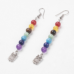 Смешанные камни Драгоценные камни чакры свисающие серьги, С латунными крючками для серьги и подвесками из сплава, сова, 84 мм, кулона: 15x7x2 мм, контактный: 0.6 мм