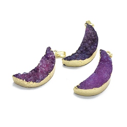 Indigo Natural Druzy Agate Pendants, Edge Golden Plated, with Golden Tone Brass Finding, Moon, Dyed & Heated, Indigo, 33~34x14~14.5x8.5~11.5mm, Hole: 3.5x6mm