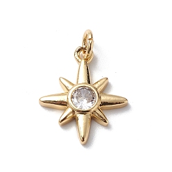 Real 18K Gold Plated Rack Plating Brass Micro Pave Cubic Zirconia Pendants, Long-Lasting Plated, Cadmium Free & Lead Free, Sparkling Srar Charm, With Jump Ring, Real 18K Gold Plated, 16x14x2.5mm, Hole: 3mm