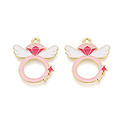 Pink Подвески из сплава с эмалью ко дню святого валентина, подвески-кольца и крылья, золотые, розовые, 22.5x20x1 мм, отверстие : 1.6 мм