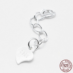 Silver 925 Sterling Silver Extender Chains, with Heart Charms, Silver, 39~41mm, Heart: 7x5x0.5mm