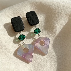 Lavender Wood & Glass Stud Earrings, Fan, Resin Dangle Earrings for Women, Lavender, 61x24mm