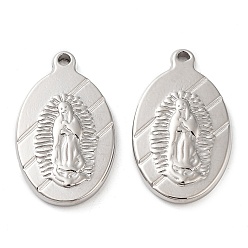 Stainless Steel Color Non-Tarnish 304 Stainless Steel Pendants, Oval with Saint Charm, Stainless Steel Color, 23x14x2.8mm, Hole: 1.4mm