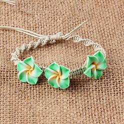 Средний Весенно-Зеленый Плюмерия цветок полимерная глина бусины плетеные браслеты из бусин для женщин, с регулируемым восковым шнуром, средний весенний зеленый, внутренний диаметр: 2-3/8 дюйм (6 см)