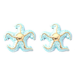 Pale Turquoise Iron Enamel Stud Earrings, Starfish, Golden, Pale Turquoise, 55x58mm