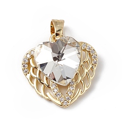 Clear Real 18K Gold Plated Rack Plating Brass Micro Pave Clear Cubic Zirconia Pendants, with Glass, Long-Lasting Plated, Cadmium Free & Lead Free, Heart Charm, Clear, 19x19x8mm, Hole: 5x3mm