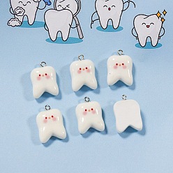 Белый Непрозрачные подвески смолы, зубной амулет, с платиновыми железными петлями, белые, 24.5x17x8 мм, отверстие : 2 мм