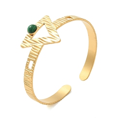 Треугольник 304 открытые браслеты-манжеты из нержавеющей стали, с синтетическим малахита, ювелирные текстурированные браслеты для женщин, реальный 18 k позолоченный, треугольные, внутренний диаметр: 2-1/8x2 дюйм (5.5x5.05 см)