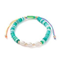 Turquoise Adjustable Nylon Thread Braided Bead Bracelets, with Polymer Clay Heishi Beads, Natural Pearl Beads and Brass Round Beads, Golden, Turquoise, Inner Diameter: 2-1/8 inch(5.5cm)