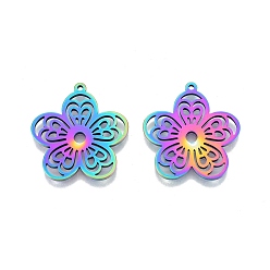 Rainbow Color Ion Plating(IP) 18K 201 Stainless Steel Pendants, Flower, Rainbow Color, 27x25.5x1.5mm, Hole: 1.4mm