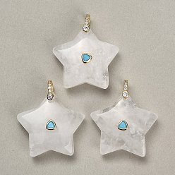 Quartz Crystal Natural Quartz Crystal Pendants, Star Charms, with Brass Pave Cubic Zirconia Findings, Golden, 30~32.5x31.5~34x11~12.5mm, Hole: 6x7mm