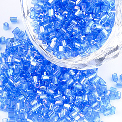 Royal Blue Grade A Glass Seed Beads, Hexagon(Two Cut), Transparent Colours Rainbow, Royal Blue, 1.5~2.5x1.5~2mm, Hole: 0.8mm, about 2100pcs/bag, 450g/bag