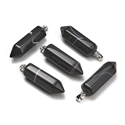Banded Agate Natural Black Banded Agate Pendants, Hexagon Charms, with 304 Stainless Steel Snap on Bails, Stainless Steel Color, Dyed & Heated, 49~51x13~14x15~16mm, Hole: 7.5x4mm