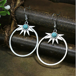 Antique Silver Alloy & Resin Dangle Earrings for Women, Ring & Star, Antique Silver, 45x25mm