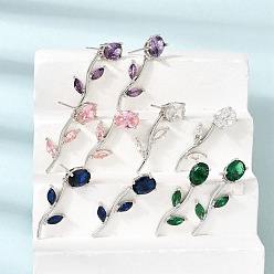 Couleur Mélangete Micro cuivres ouvrent zircone cubique boucles d'oreille, fleur rose, sans plomb et sans cadmium, crémaillère plaquage, plaqué longue durée, platine, couleur mixte, 30x11mm
