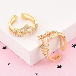 Настоящее золото 18K Латунные кольца-манжеты с микропаве и прозрачным цирконием для женщин, без кадмия и без свинца, корона, с ABS имитации жемчуга, реальный 18 k позолоченный, 11 мм, внутренний диаметр: 17 мм