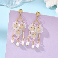 Star 304 Stainless Steel Chandelier Earrings, Natural Cultured Freshwater Pearl Beads with Capiz Shell Dangle Earrings, Golden, Star, 63x8mm