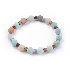 Amazonite Stretch Bracelets, Frosted, with Natural Flower Amazonite Beads and Electroplate Non-magnetic Synthetic Hematite Beads, 2-1/4 inch(5.6cm)