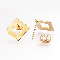 Golden 304 Stainless Steel Stud Earring Findings, Ear Nuts/Earring Backs, Rhombus, Golden, 14x14mm, Hole: 1mm, Pin: 0.8mm,