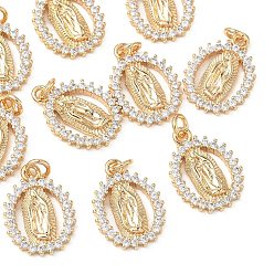 Real 18K Gold Plated SHEGRACE Religion Brass Clear Cubic Zirconia Pendants, Oval with Virgin Mary Charms, Cadmium Free & Lead Free & Nickel Free, Real 18K Gold Plated, 15.5x11.5x2.5mm, Hole: 2.5mm