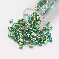Olive Drab 11/0 Two Cut Round Hole Glass Seed Beads, Hexagon, Silver Lined, Rainbow Plated, Olive Drab, 2x2mm, Hole: 0.5mm, about 41000pcs/pound