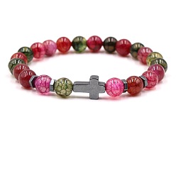 Dragon Veins Agate 8MM Round Natural Dragon Veins Agate(Dyed & Heated) Beaded Stretch Bracelets with Synthetic Non-magnetic Hematite Cross, Hot Pink, 7.48 inch(19cm)