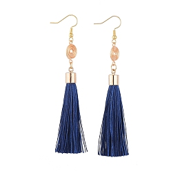 Prussian Blue Polyester Tassel Dangle Earrings, with Golden Plated Copper Wire and Brass Earring Hooks, Prussian Blue, 96mm, Pin: 0.7mm
