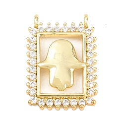 Hamsa Hand Латунные микропаве прозрачные подвески с фианитом, прямоугольник амулеты, долговечный, стойки покрытие, без свинца и без кадмия, реальный 18 k позолоченный, хамса рука, 20.5x15x3 мм, отверстие : 1.5 мм