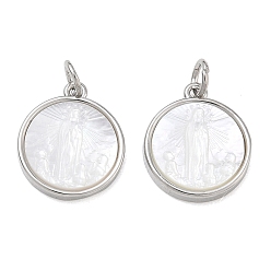 Platine Pendentifs en laiton plaqué et coquillage blanc naturel, plat rond avec breloques vierge marie, sans cadmium et sans plomb, platine, 16x14x2.8mm, Trou: 3.5mm
